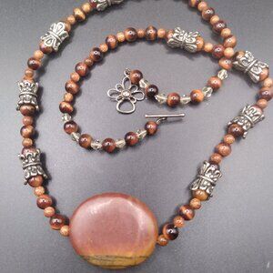 Sterling Silver 22'' Necklace with Goldstone Beads & Jasper Stone Pendant